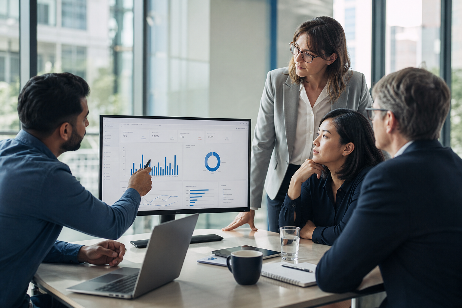 Professionals reviewing analytics dashboards together in a modern office