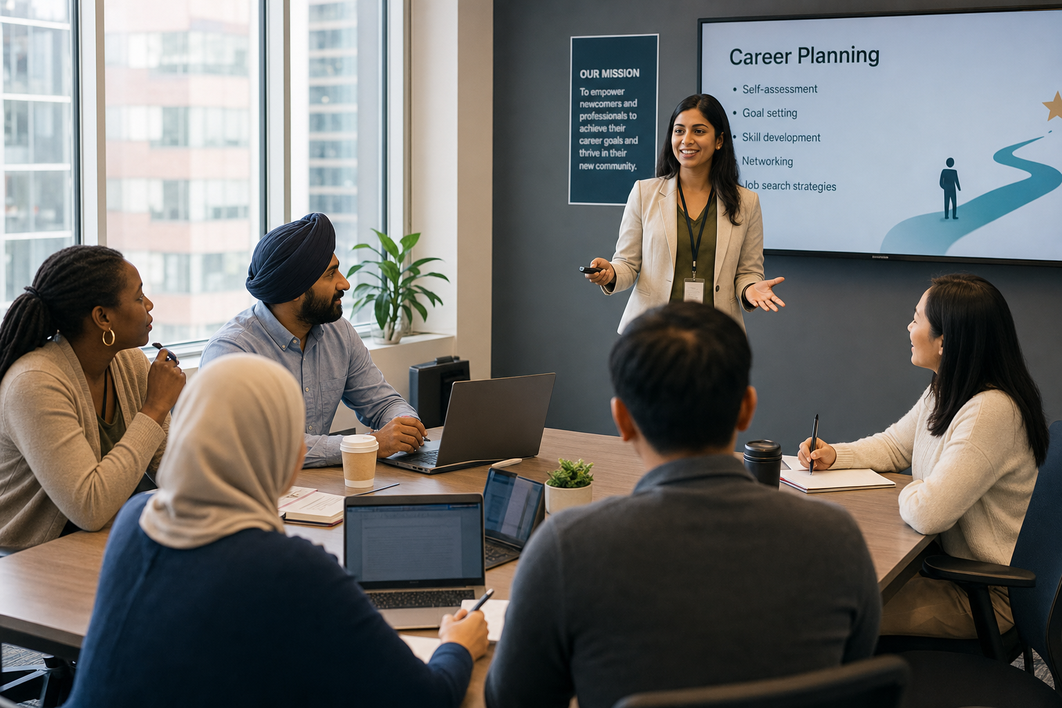 Facilitator leading a career planning workshop with a diverse group of participants